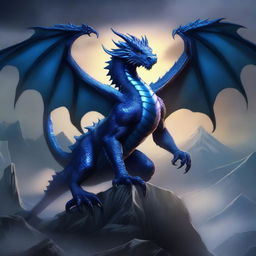 A dark blue dragon with a dominant form and a huge scar on its face