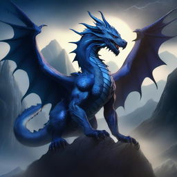 A dark blue dragon with a dominant form and a huge scar on its face