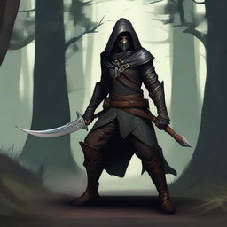 A rogue elf assassin wielding two daggers, wearing dark leather armor