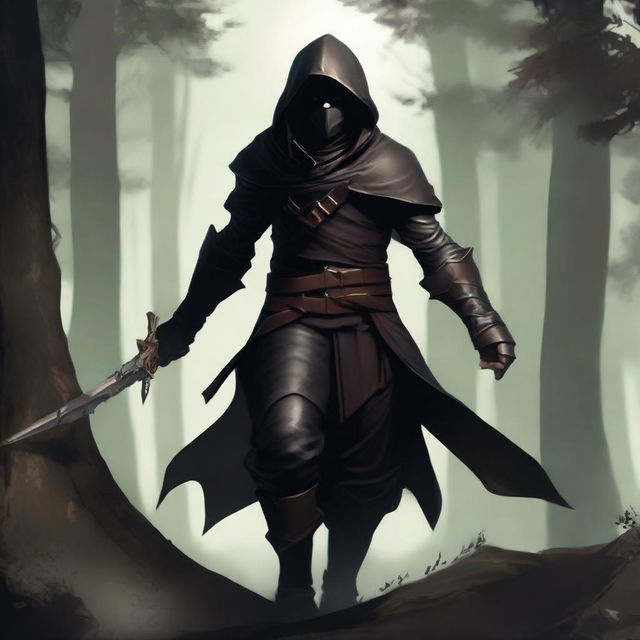 A rogue elf assassin wielding two daggers, wearing dark leather armor