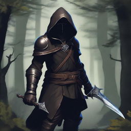 A rogue elf assassin wielding two daggers, wearing dark leather armor