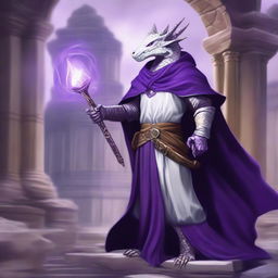 A noble white Dragonborn character from Dungeons and Dragons, wearing a regal purple cloak and holding a mystical staff