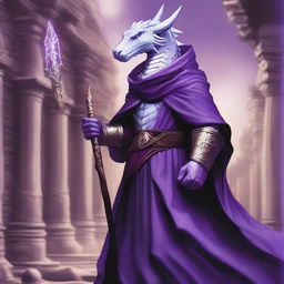 A noble white Dragonborn character from Dungeons and Dragons, wearing a regal purple cloak and holding a mystical staff