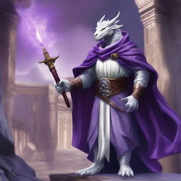 A noble white Dragonborn character from Dungeons and Dragons, wearing a regal purple cloak and holding a mystical staff