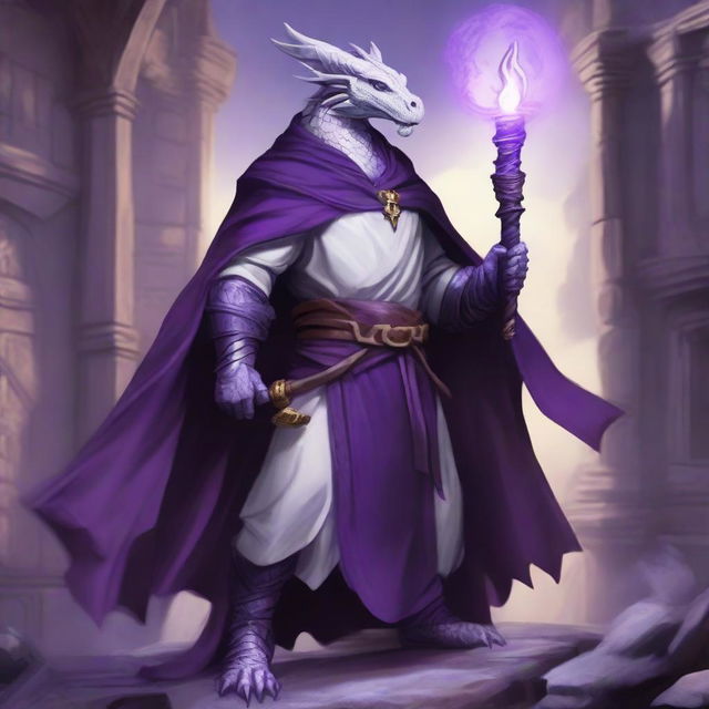 A noble white Dragonborn character from Dungeons and Dragons, wearing a regal purple cloak and holding a mystical staff