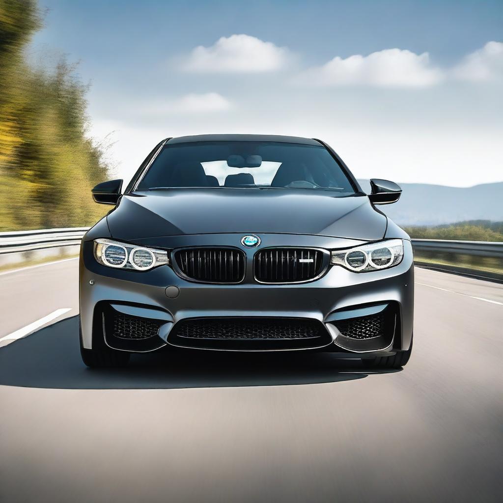 Create an ultra-realistic image of a stock BMW M4 in matte black color from a frontal view