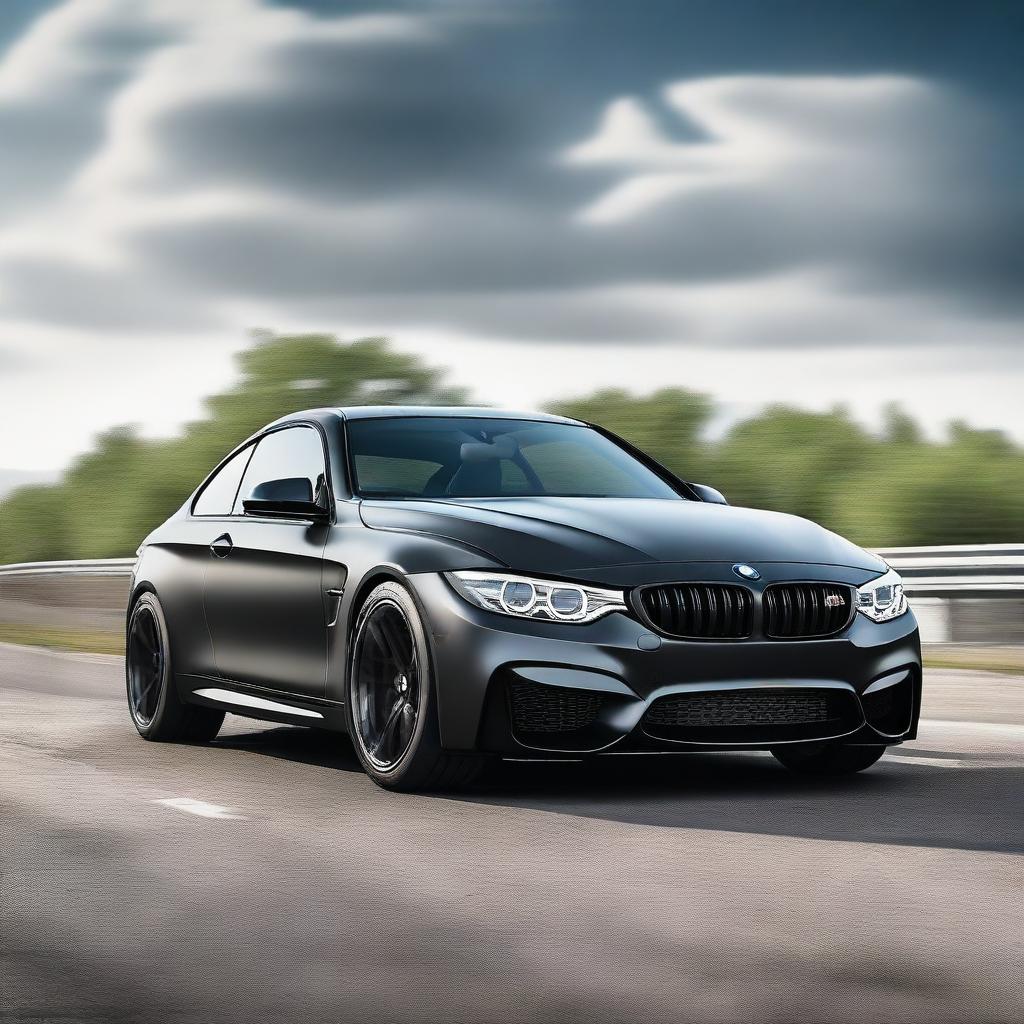 Create an ultra-realistic image of a stock BMW M4 in matte black color from a frontal view