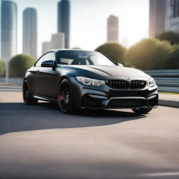 Create an ultra-realistic image of a stock BMW M4 in matte black color from a frontal view