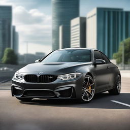 Create an ultra-realistic image of a stock BMW M4 in matte black color from a frontal view