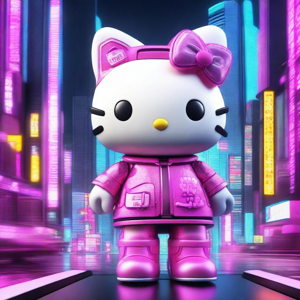 A 3D rendering of Hello Kitty in a cyberpunk style