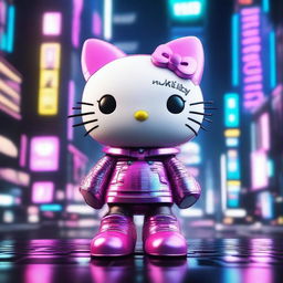 A 3D rendering of Hello Kitty in a cyberpunk style