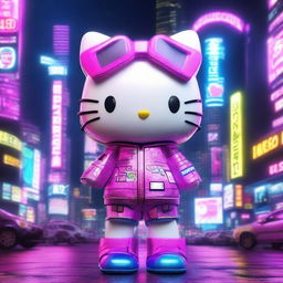 A 3D rendering of Hello Kitty in a cyberpunk style