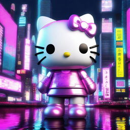 A 3D rendering of Hello Kitty in a cyberpunk style