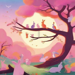 A vibrant sunrise scene featuring a lively mood with various animals