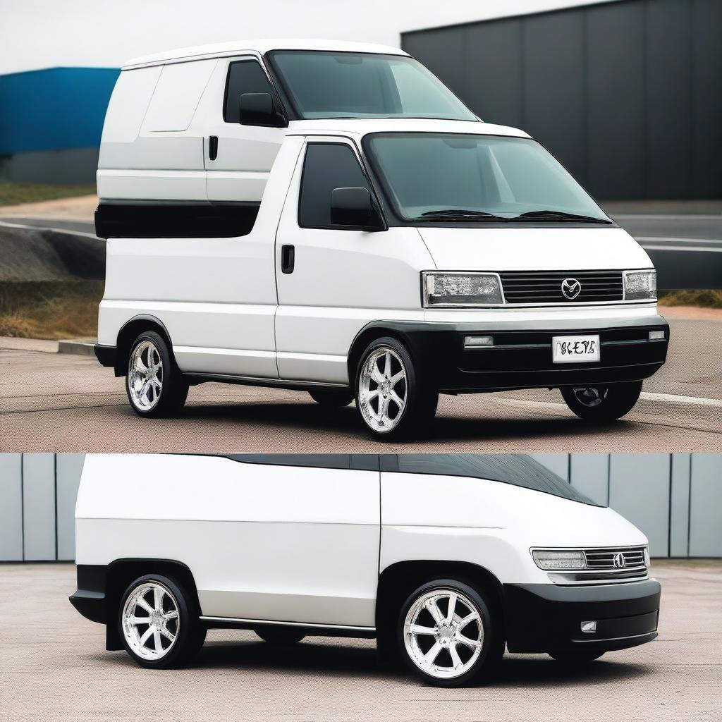 A 1996 Mazda Bongo van modified with a futuristic Tesla Cybertruck style body kit