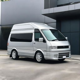 A 1996 Mazda Bongo van modified with a futuristic Tesla Cybertruck style body kit