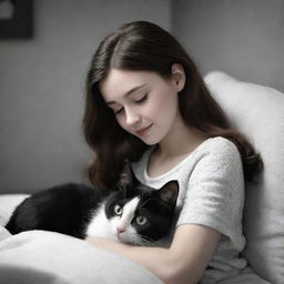 A cozy Disney Pixar style image of a brunette girl and her black and white cat, engaged in a tender moment.