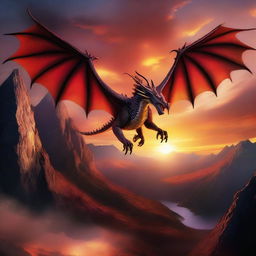 A majestic dragon soaring through the sky with its wings spread wide, breathing fire