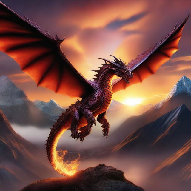 A majestic dragon soaring through the sky with its wings spread wide, breathing fire