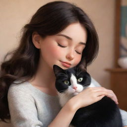 A cozy Disney Pixar style image of a brunette girl and her black and white cat, engaged in a tender moment.