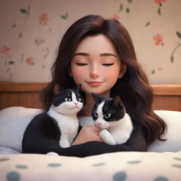 A cozy Disney Pixar style image of a brunette girl and her black and white cat, engaged in a tender moment.