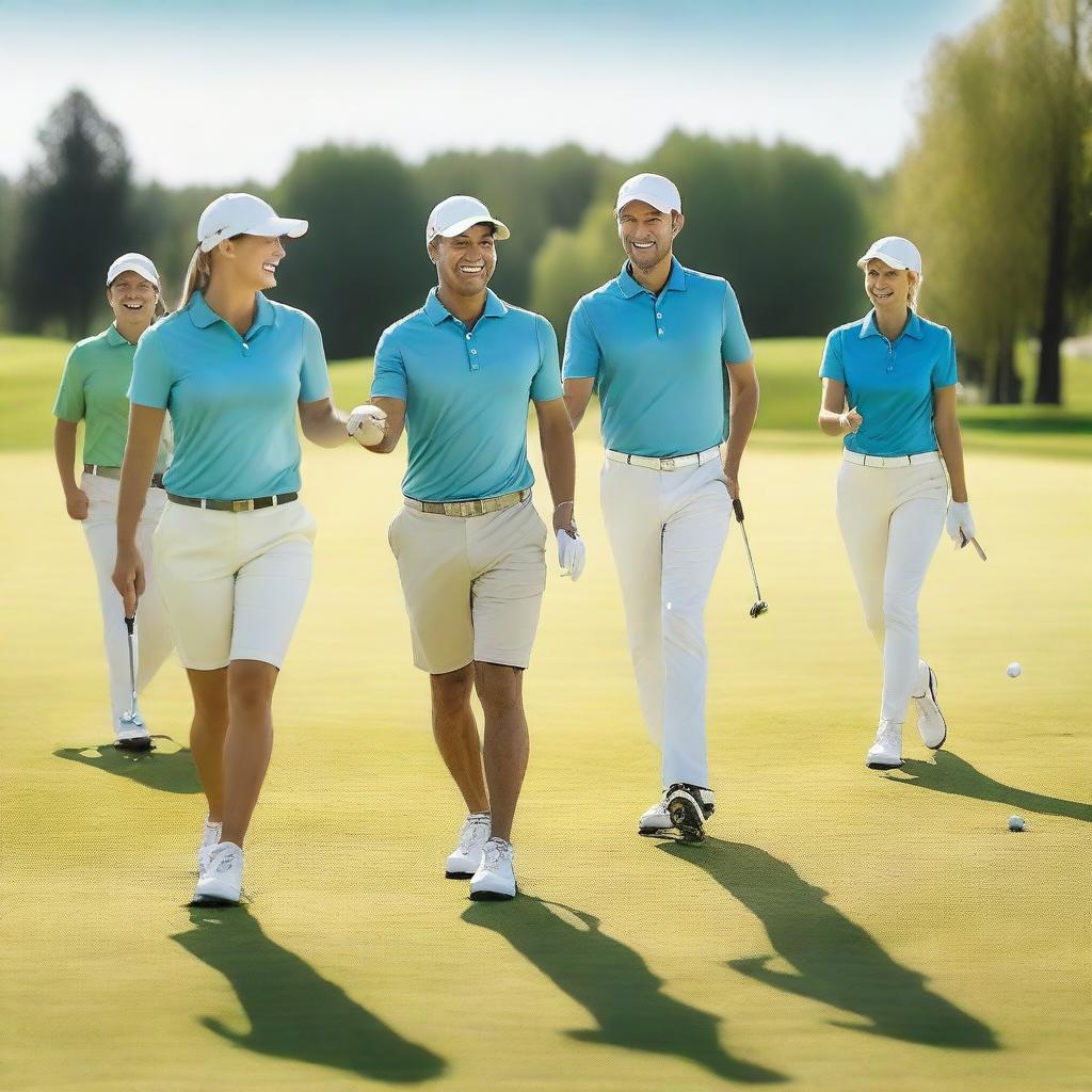 A joyful scene of a golf team playing on a lush, green golf course