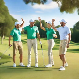 A joyful scene of a golf team playing on a lush, green golf course