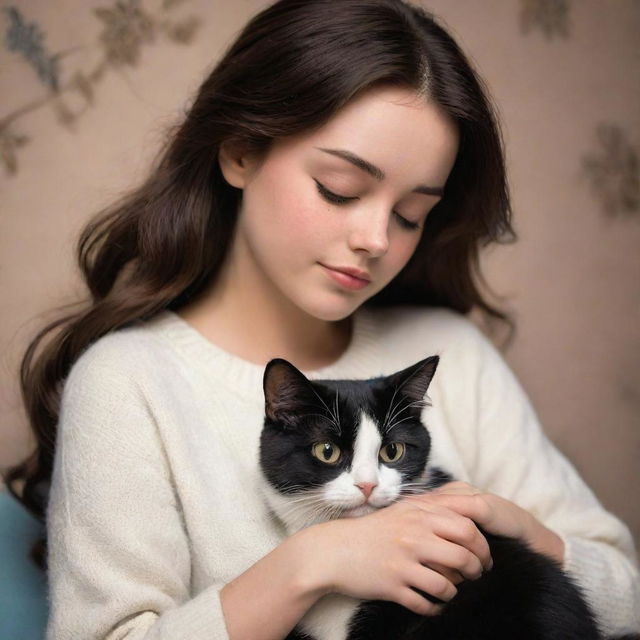 A cozy Disney Pixar style image of a brunette girl and her black and white cat, engaged in a tender moment.