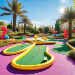 A vibrant mini golf course with various obstacles and colorful decorations