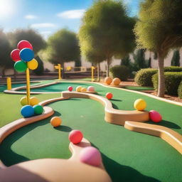 A vibrant mini golf course with various obstacles and colorful decorations