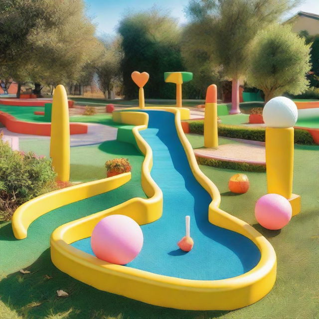 A vibrant mini golf course with various obstacles and colorful decorations