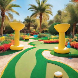 A vibrant mini golf course with various obstacles and colorful decorations