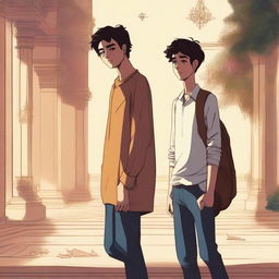 Create an image featuring two visually appealing teenage characters: Arbani Edgar Adynata and Sabila, but this time, position the characters further away to create a greater sense of distance and space