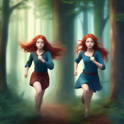 Create a fantasy book cover featuring two girls with blue eyes running through a dense forest