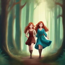 Create a fantasy book cover featuring two girls with blue eyes running through a dense forest