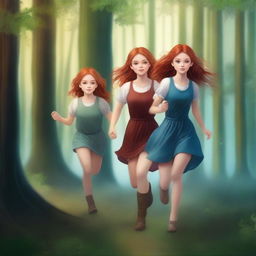 Create a fantasy book cover featuring two girls with blue eyes running through a dense forest