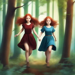 Create a fantasy book cover featuring two girls with blue eyes running through a dense forest