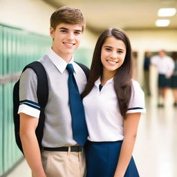 A high school couple in their uniforms, standing together and smiling