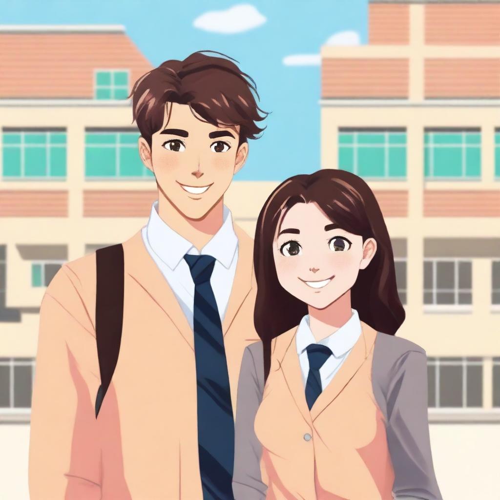 A high school couple in their uniforms, standing together and smiling