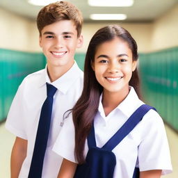 A high school couple in their uniforms, standing together and smiling