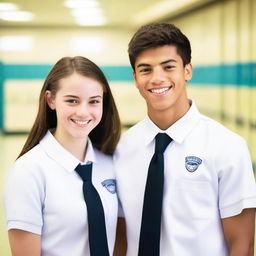 A high school couple in their uniforms, standing together and smiling