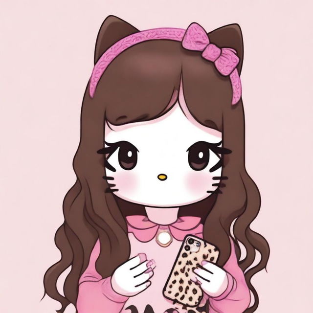 Hello Kitty with dark brown, long, wavy hair at the ends, black almond-shaped eyes, and long eyelashes