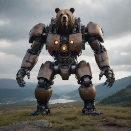 An imposing creation where technology meets the natural world: a monstrous robotic bear, its mechanical parts whirring and eyes glowing menacingly against a dystopian landscape.