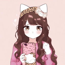 Hello Kitty with dark brown, long, wavy hair at the ends, black almond-shaped eyes, and long eyelashes