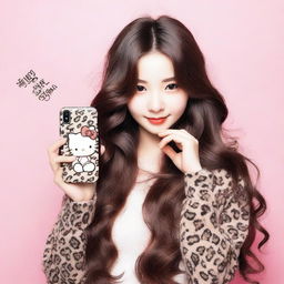 Hello Kitty with dark brown, long, wavy hair at the ends, black almond-shaped eyes, and long eyelashes