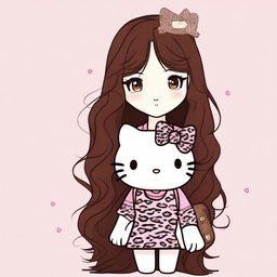 Hello Kitty with dark brown, long, wavy hair at the ends, black almond-shaped eyes, and long eyelashes