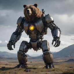 An imposing creation where technology meets the natural world: a monstrous robotic bear, its mechanical parts whirring and eyes glowing menacingly against a dystopian landscape.