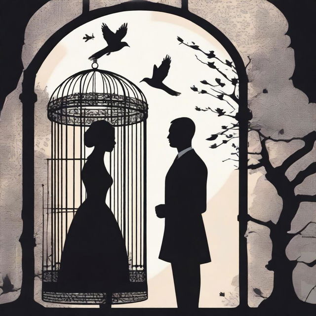 Create an image featuring two silhouetted characters: Arbani Edgar Adynata and Sabila