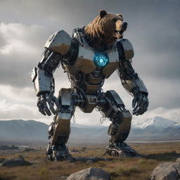 An imposing creation where technology meets the natural world: a monstrous robotic bear, its mechanical parts whirring and eyes glowing menacingly against a dystopian landscape.