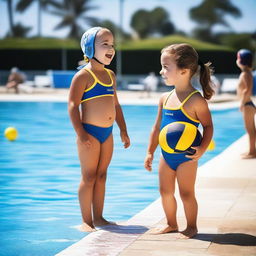 A 4-year-old girl wearing a water polo suit is standing by the edge of a swimming pool